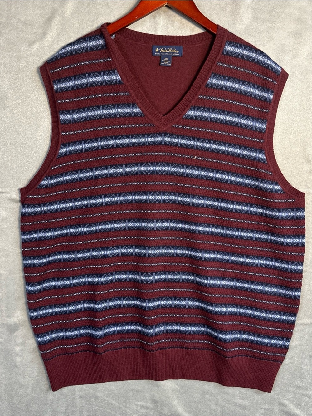 Brooks Brothers Men’s XXL Merino Wool V-Neck Fair Isle Sweater Vest Burgundy